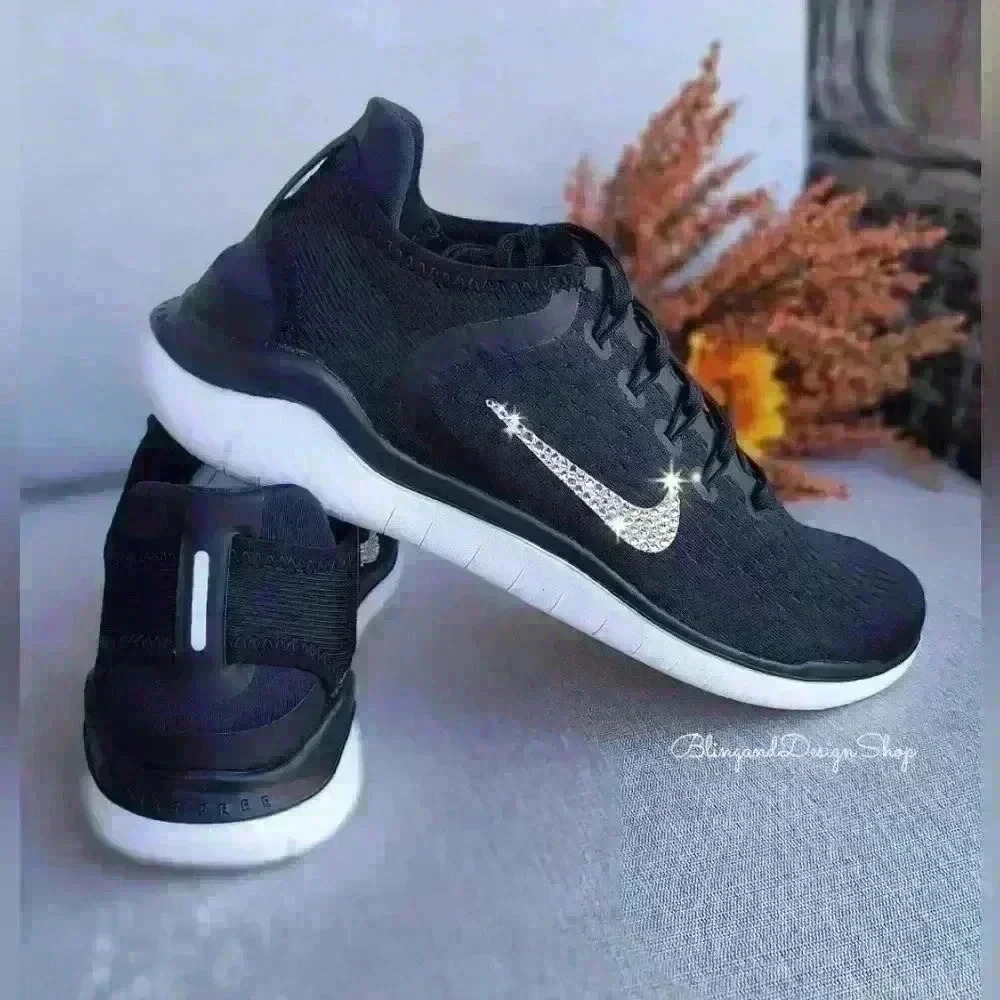 Nike Free RN 2018 Black Sneakers Customized with Crystal Rhinestones - Picture 3 of 8